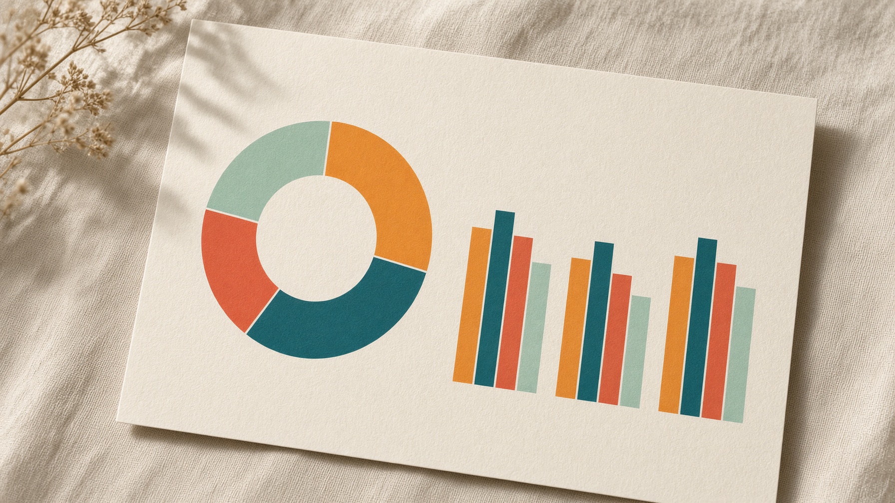 A printed page with an abstract donut chart and grouped bars in saffron, teal, and coral.